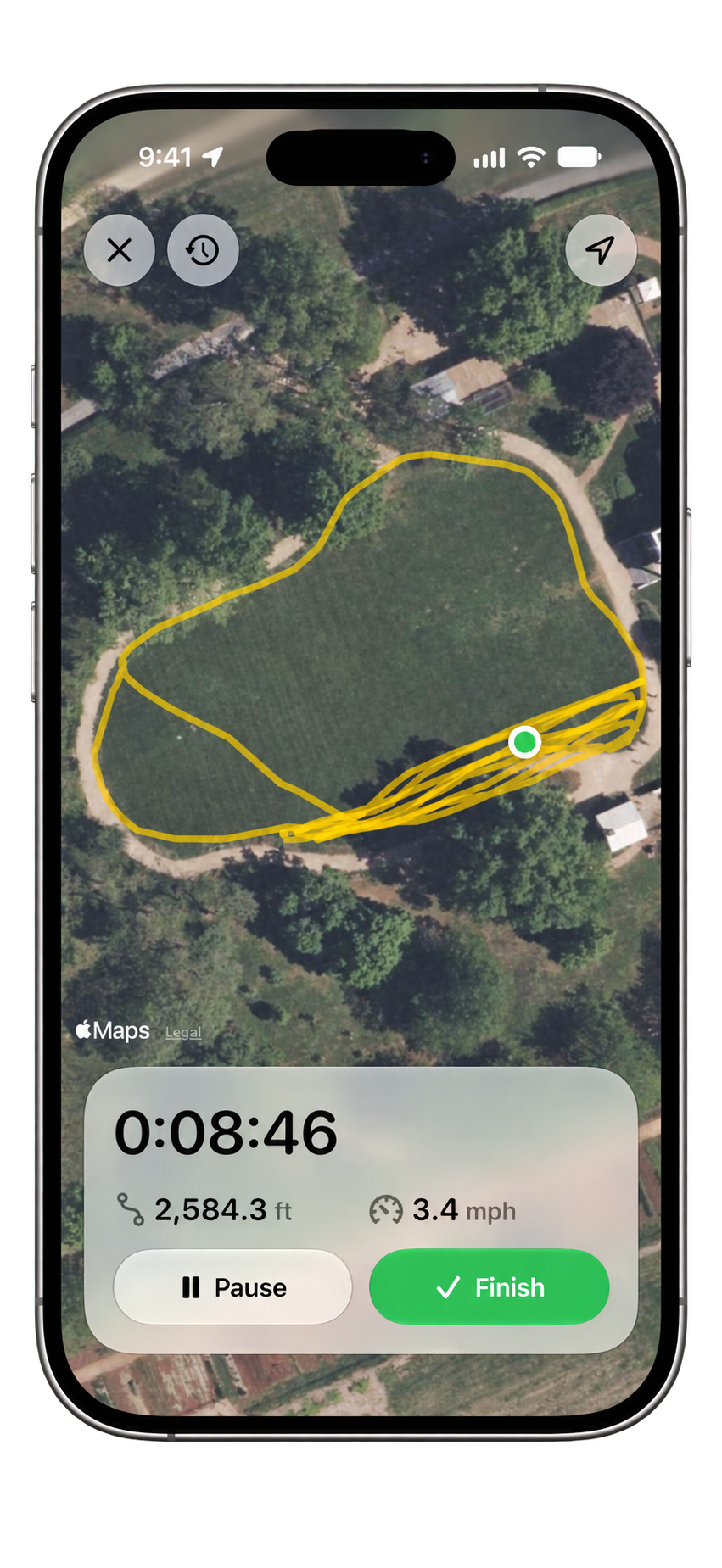 Live GPS mowing route with elapsed time, distance, and speed