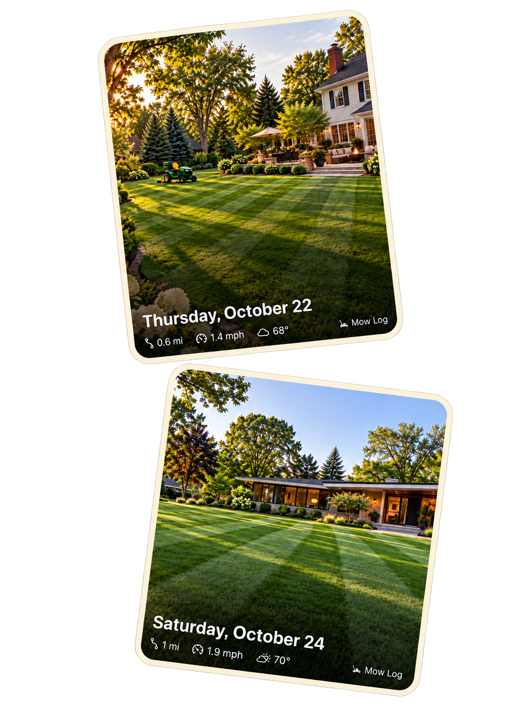 Two share cards with lawn photos and mowing statistics
